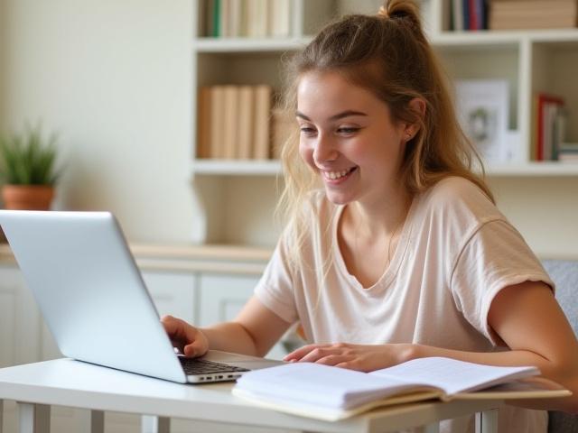 Eine lachende Studentin, die online Deutsch lernt mit Notizbuch und Laptop, A1 A2 Niveau Anfänger