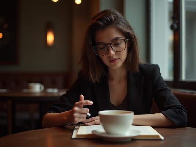Eine junge Frau liest ein deutsches Buch in einem Café, C1 C2 Niveau Fortgeschritten